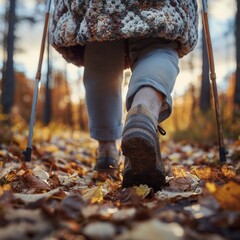 Hiker walking through autumn leaves in forest