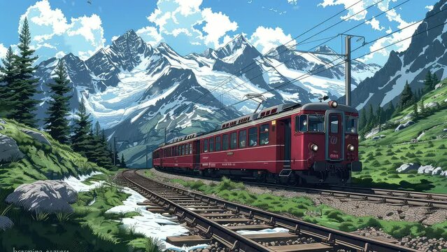 Animation amazing red train in the switzerland mountain. seamless 4k video looping background. generated with ai