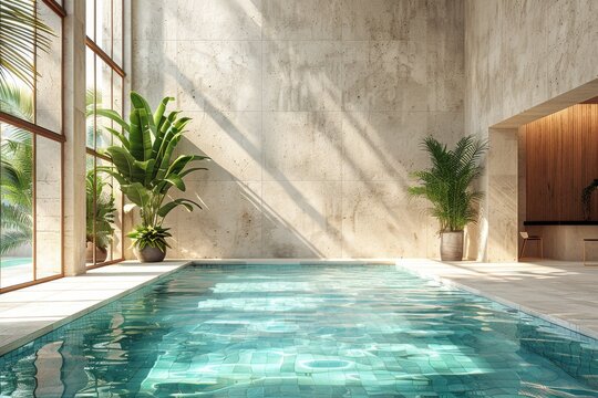 A stunning view of a serene indoor swimming pool with sunlight casting shadows on the concrete walls, reflecting tranquility