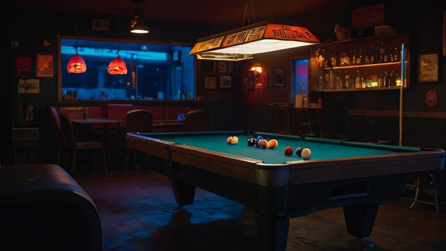 A dimly lit bar room with a pool table and some chairs.