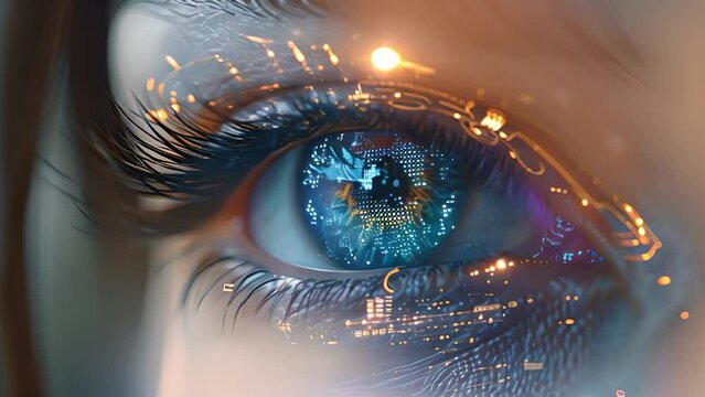 Macro shot of a human eye reflecting an intricate digital projection of Earth, showcasing connection between technology and nature.