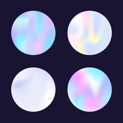 Hologram abstract backgrounds set. Holographic gradient. Trendy hologram backdrop. Minimalistic 90s, 80s retro style graphic template for placard, presentation, banner, brochure.