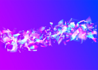 Neon Confetti. Digital Banner. Retro Iridescent Explosion. Purple Foil Ribbon. 3d Glitter. Glare Sparkle. Abstract Design. Hologram Effect. Blue Neon Confetti