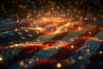 Obraz premium A flag with stars and stripes is lit up with bright lights. Concept of patriotism and pride in the American flag