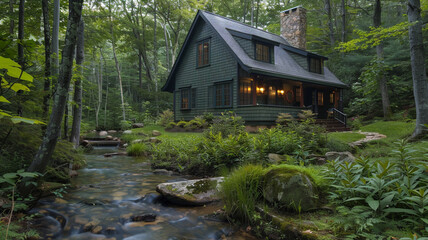 Cape Cod style vacation home in forest green, nestled in a secluded woodland with a natural stream and wildlife.