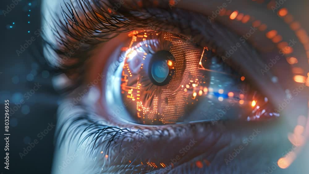 Poster macro shot of an eye with futuristic digital overlays.