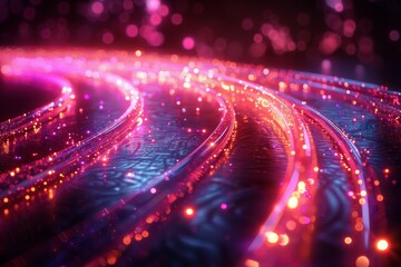 This radiant image captures dynamic digital light streams weaving through a dark background, symbolizing data flow or futuristic technology