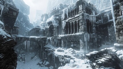 Snowy ancient ruins in a winter wonderland: Atmospheric scene of icy, abandoned city