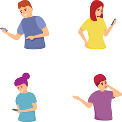 Fototapeta premium Smartphone addiction icons set cartoon vector. Human talking and typing on phone. Modern technology
