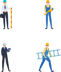 Professional builder icons set cartoon vector. Male builder and contractor. Working on construction site