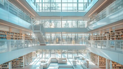 Sleek Minimalist Library with Glass Walls, generative ai