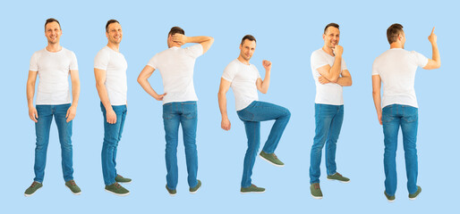 Set of mid adult full length portraits doing different gestures studio isolated on white background.