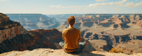 Solitary man meditating on the edge of the Grand Canyon during a breathtaking sunset.