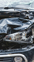 Fototapeta premium Highly detailed close-up of a severely crushed car, emphasizing the textures and shattered elements of the wreckage.