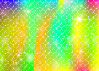 Rainbow scales background with kawaii mermaid princess pattern. Fish tail banner with magic sparkles and stars. Sea fantasy invitation for girlie party. Spectrum backdrop with rainbow scales.