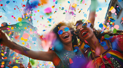 Two joyful women celebrating with confetti and bright colors at a lively pride parade under a clear...
