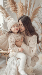 A tender moment between a mother and her toddler, both dressed in warm winter attire, in a beautifully decorated room.