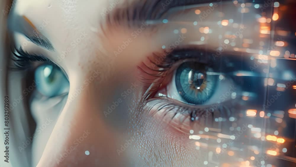 Poster Close-up of a womans eye reflecting a high-tech digital interface.