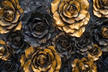 Abstract background of black and gold roses, where the luxurious play of color creates a dramatic and opulent visual texture.