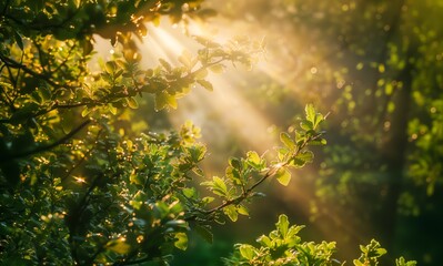 Morning Radiance: Sunlight Dances Through Green Foliage, Creating a Haven of Peace