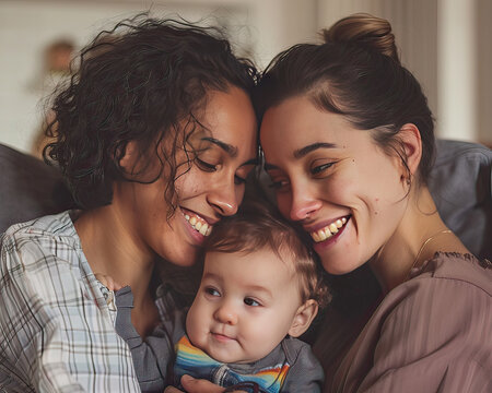 Portrait of a lesbian couple smiling with their baby in a cozy home setting, radiating happiness and family warmth.