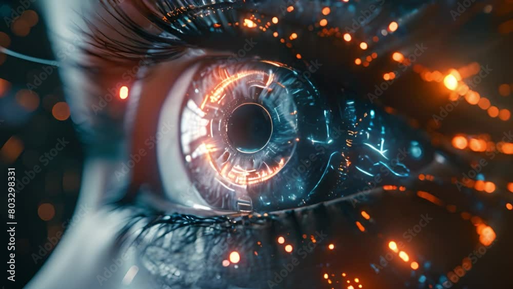 Poster Close-up of an eye with cybernetic augmentation showing high-tech interface.