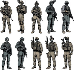 Military man vector mega set, marines, NAVY, army soldier