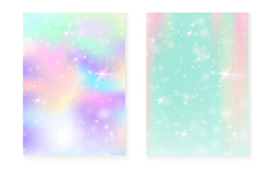 Rainbow background with kawaii princess gradient. Magic unicorn hologram. Holographic fairy set. Stylish fantasy cover. Rainbow background with sparkles and stars for cute girl party invitation.