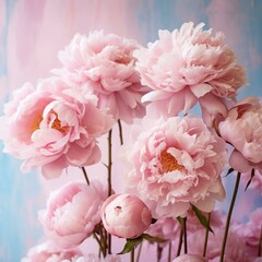 A beautiful bouquet of pink peonies against a pale pink and blue background