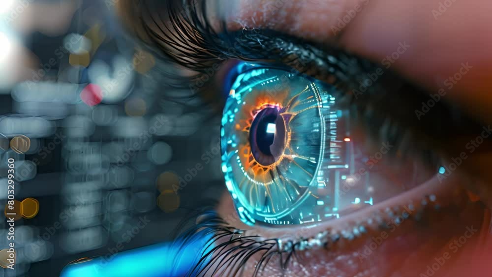 Poster a detailed close-up of an individuals eye focused intently on a computer screen, displaying concentr