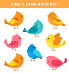 Find 2 same birds .Puzzle game for children. Preschool worksheet activity for kids. Educational game.