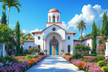 Obraz premium Small colorful church with a bell tower surrounded by palm trees and flowers
