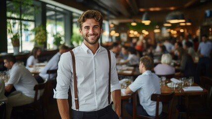 Obraz premium Handsome waiter in a busy restaurant