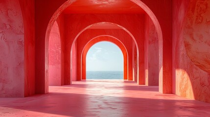 Fototapeta premium Pink surreal minimal interior with arches and ocean view