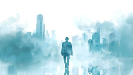 Businessman walks through city engulfed in smoke symbolizing search for crisis solutions. Concept Business Crisis Management, Smoky Cityscape, Determined Entrepreneur, Corporate Leadership