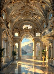 Fototapeta premium ornate ballroom with a view of a lake and mountains