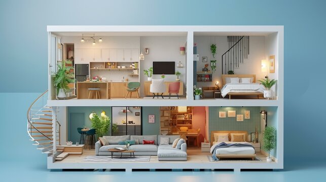 A cutaway illustration of a two-story house