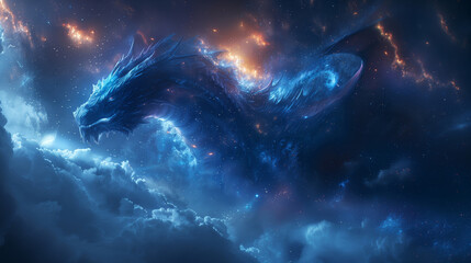 Mystical cosmic dragon in space with celestial colors and starry backdrop. Fantasy and science fiction concept. Design for wallpaper, poster.