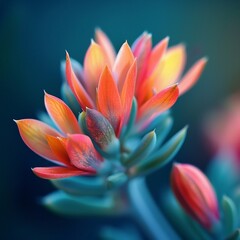 Vibrant succulent plant with fiery orange petals against a blue backdrop. Botanical beauty and natural design concept. Design for wallpaper, poster.