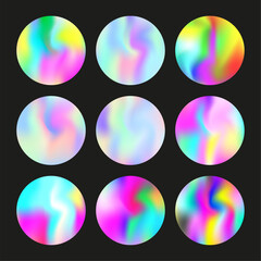 Holographic abstract backgrounds set. Gradient hologram. Stylish holographic backdrop. Minimalistic 90s, 80s retro style graphic template for flyer, poster, banner, mobile app.