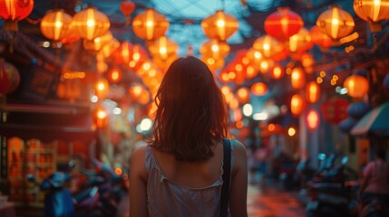 Female travelers explore Asia, Thailand, and delight in the bustling streets of Bangkok's lively Yaowarat district.