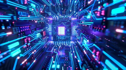 Fototapeta premium A glowing blue and purple circuit board with a futuristic design
