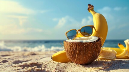 Obraz premium A banana with sunglasses sunbathing on the beach, drinking from a coconut 
