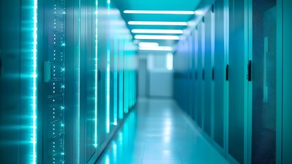 Modern server room corridor with soft lighting calm ambiance secure data storage. Concept Server Room Design, Soft Lighting, Secure Data Storage, Modern Ambiance