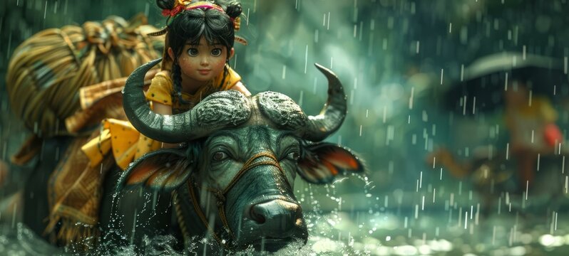 An illustration of a girl riding a carabao in the rain
