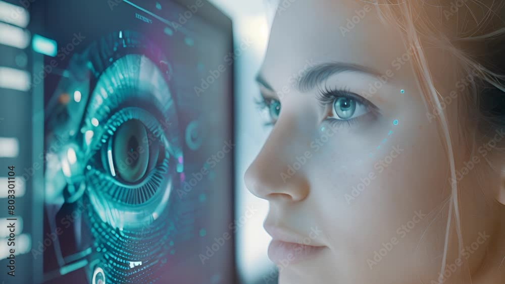 Poster a woman closely examines a computer screen with an eye reflection visible, indicating focus and conc