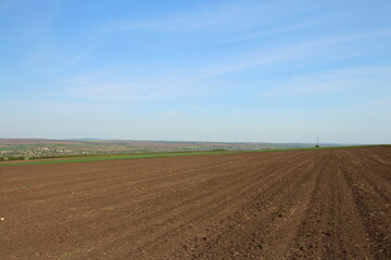 A dirt road with a field and blue sky