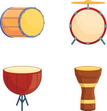 Drum icons set cartoon vector. Wooden drum of different style and color. Percussion musical instrument