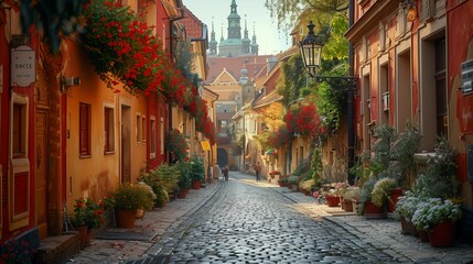 Fototapeta premium Nostalgic Alleyway: Historic European Cityscape, generative ai