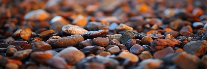 This image showcases a beautiful array of small, wet beach pebbles in varying colors and shapes, glistening as if recently washed by the sea
